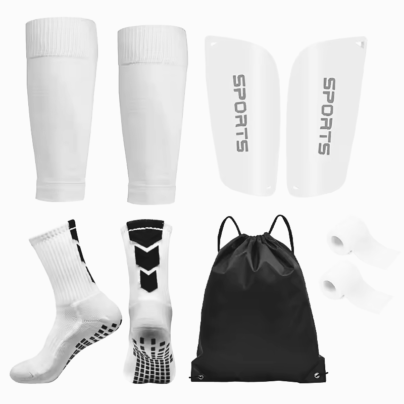 "7-Piece Soccer Accessories Kit – Grip Socks, Shin Guards, Calf Sleeves, Ankle Wraps & Drawstring Bag"