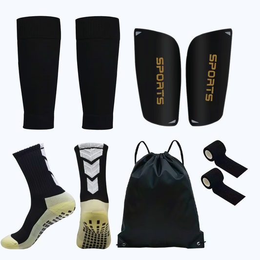"7-Piece Soccer Accessories Kit – Grip Socks, Shin Guards, Calf Sleeves, Ankle Wraps & Drawstring Bag"